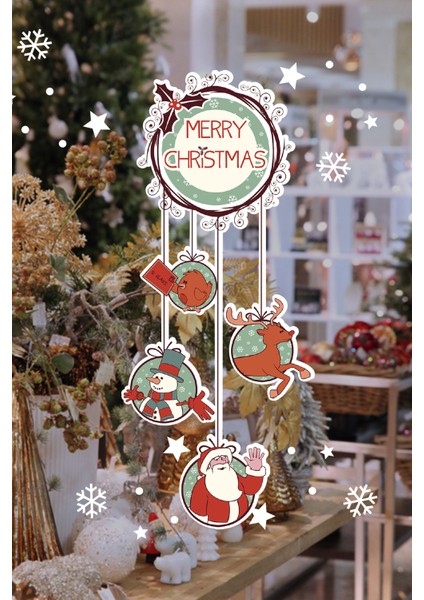 Marry Christmas Yazısı Salınan Detaylar Yılbaşı Süslemeleri ve Kar Tanesi Stickerları 23X50CM