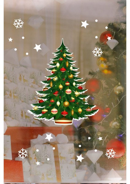 Yılbaşına Özel Kapı Için Çam Ağacı Yılbaşı Süslemesi ve Kar Tanesi Stickerları 45X45CM