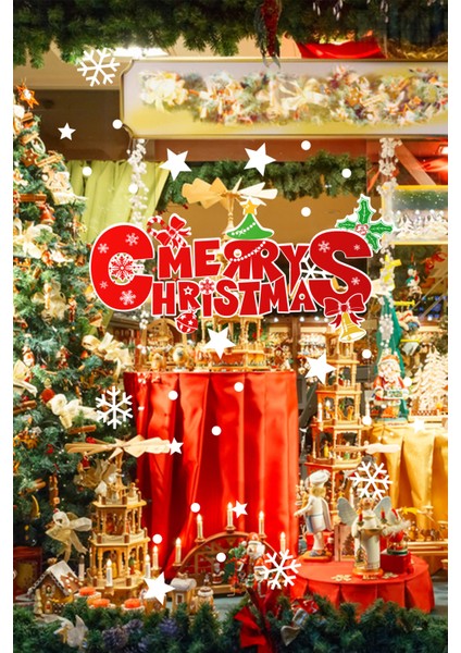 Yeni Yıla Özel Marry Christmas Yazısı Yılbaşı Süslemeleri ve Kar Tanesi Stickerları 55X26CM fiyatları