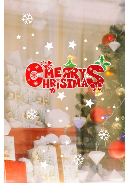 Yeni Yıla Özel Marry Christmas Yazısı Yılbaşı Süslemeleri ve Kar Tanesi Stickerları 55X26CM modelleri