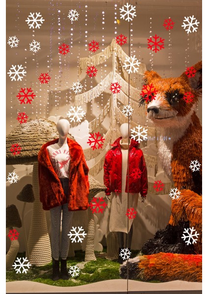 40 Adet Küçük Büyük Kırmızı Beyaz Kar Taneleri Yılbaşı Vitrin Sticker