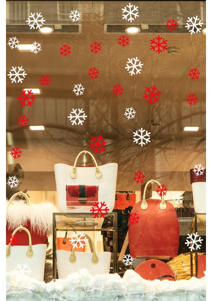 40 Adet Küçük Büyük Kırmızı Beyaz Kar Taneleri Yılbaşı Vitrin Sticker fiyatları