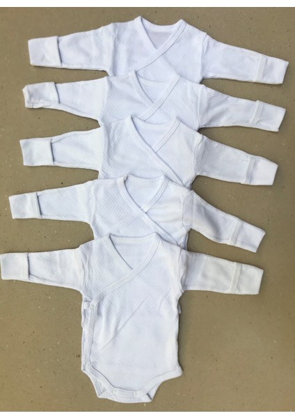 Uzun Kollu Kendinden Eldivenli Çıtçıtlı Beyaz Renk Kruvaze Badi (5 Li Paket)