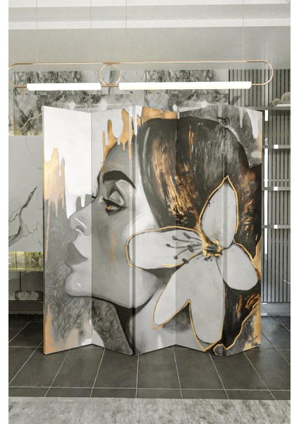 Doğal Ahşap Gri Kadın Potre Tek Taraf Baskılı 5 Kanat Paravan Seperatör Oda Bölme