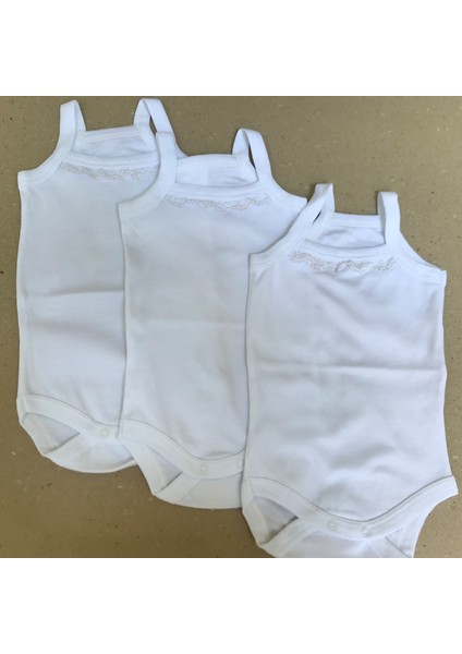 Ip Askılı Yakası Fistolu (Dantelli) Çıtçıtlı Badi Beyaz Renk 3'lü Paket 3-48 Ay Arası