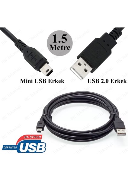USB 2.0 Erkek - Mini USB 2.0 Erkek Veri-Şarj Kablosu 1.5 Metre