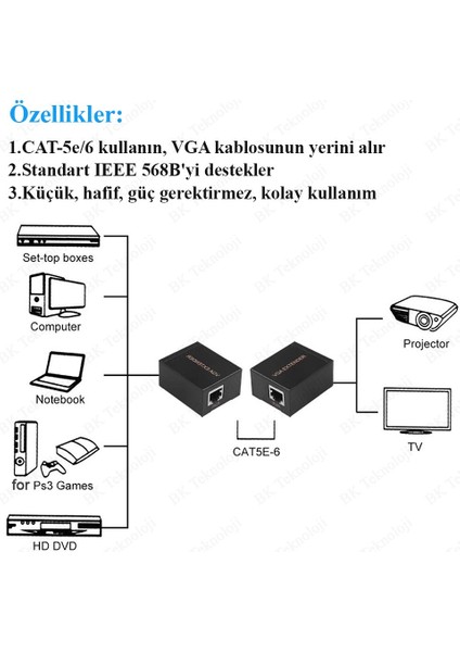 VGA Extender 60 Metre RJ45 CAT5E/CAT6 Ağ Kablosu VGA Uzatıcı