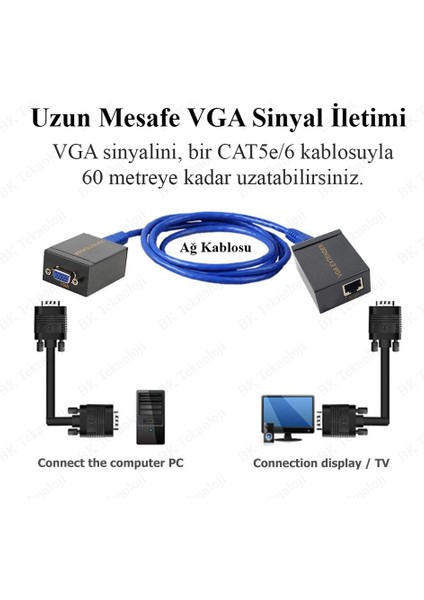 VGA Extender 60 Metre RJ45 CAT5E/CAT6 Ağ Kablosu VGA Uzatıcı