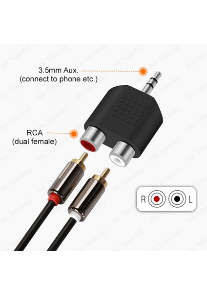 Stereo Ses Konektörü 3.5 mm Erkek Jak - 2 Rca (R+L) Dişi Ayırıcı Adaptör