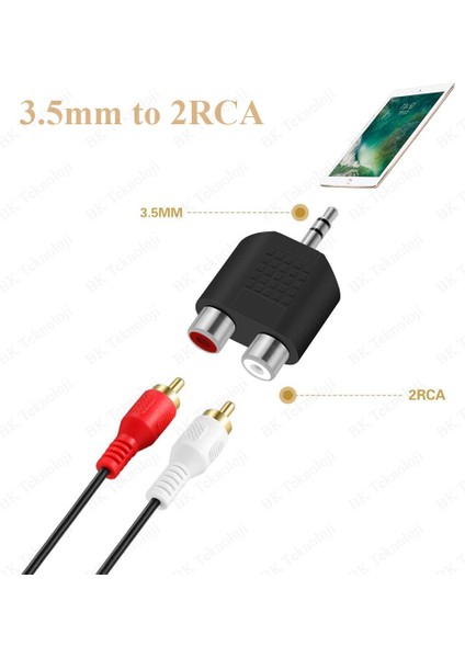 Stereo Ses Konektörü 3.5 mm Erkek Jak - 2 Rca (R+L) Dişi Ayırıcı Adaptör