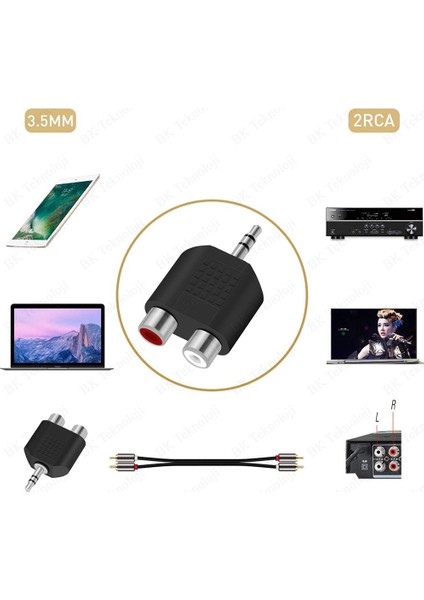 Stereo Ses Konektörü 3.5 mm Erkek Jak - 2 Rca (R+L) Dişi Ayırıcı Adaptör