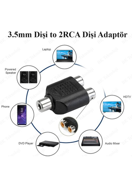 3.5mm (1/8 Inç) Trs Dişi - 2 Rca Dişi Adaptör