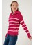 Çizgili Fermuarlı Boğazlı Yaka Örgülü Triko Kazak Bayan Kazak 63622458 2