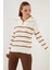 Çizgili Fermuarlı Boğazlı Yaka Örgülü Triko Kazak Bayan Kazak 63622458 3