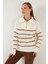 Çizgili Fermuarlı Boğazlı Yaka Örgülü Triko Kazak Bayan Kazak 63622458 4