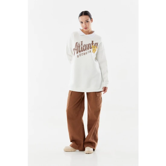 FullaModa Atlanta Baskılı Polo Yaka Oversize Sweatshirt