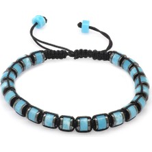 Tesbihane Silindir Kesim Makrome Örgülü Turkuaz Varisit-Hematit Kombinli Doğaltaş Erkek Bileklik