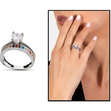 Gül Endam Multicolor Zirkon Taşlı Tek Sıra Tasarım 925 Ayar Gümüş Kadın Tektaş Yüzük