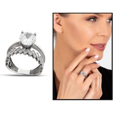 Gül Endam Zirkon Taşlı Çift Sıra Taç Tasarım 925 Ayar Gümüş Kadın Tektaş Yüzük