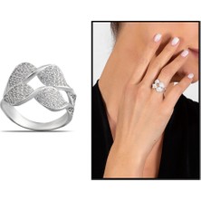 Gül Endam Zirkon Taşlı Çift Sıra Yaprak Tasarım 925 Ayar Gümüş Kadın Yüzük