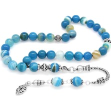 Gül Endam 925 Ayar Gümüş Püsküllü Küre Kesim Mavi-Beyaz Akik Doğal TaşTesbih