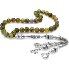 Gül Endam Kararmaz Metal Püsküllü Küre Kesim Damarlı Yosun Yeşili Akik Doğal TaşTesbih