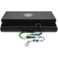 Gül Endam Kararmaz Metal Ayyıldız Püsküllü Küre Kesim Süzme Mavi-Beyaz Ateş Kehribar Tesbih