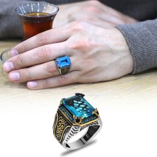 Gül Endam Baget Kesim Aqua Zirkon Taşlı Yanları Gotik Süslemeli 925 Ayar Gümüş Erkek Yüzük