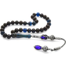 Gül Endam 1000 Ayar Gümüş Kazaz Püsküllü Küre Kesim Mavi-Siyah Sıkma Kehribar Tesbih