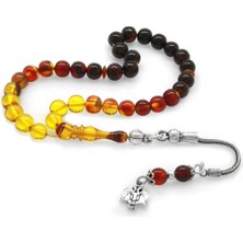 Gül Endam 925 Ayar Gümüş Püsküllü Küre Kesim Bilek Boy Süzme Bala-Siyah Ateş Kehribar Tesbih