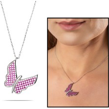 Gül Endam Fuşya Zirkon Taşlı Zarif Tasarım 925 Ayar Gümüş Kelebek Kolye