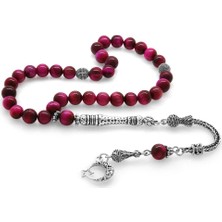 Gül Endam Kararmaz Metal Püsküllü Küre Kesim Fuşya Renk Kaplangözü Doğal TaşTesbih