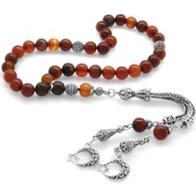 Gül Endam Kararmaz Metal Ayyıldız Püsküllü Küre Kesim Kırmızı-Siyah Akik Doğal TaşTesbih