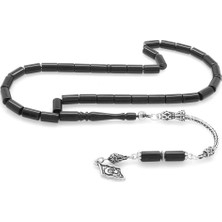 Gül Endam 925 Ayar Gümüş Püsküllü Kesme Kesim Siyah Sıkma Kehribar Tesbih