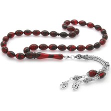 Gül Endam 925 Ayar Gümüş Çift Püsküllü Arpa Kesim Kırmızı-Siyah Ateş Kehribar Tesbih