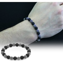 Gül Endam Ortası Çizgili Oniks Metal Kombinli Küre Kesim Doğal Taş Bileklik