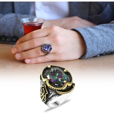 Gümüş Hediye Al Faset Kesim Mistik Topaz Taşlı Zirkon Taş Mıhlamalı 925 Ayar Gümüş Erkek Yüzük