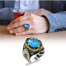 Gümüş Hediye Al Faset Kesim Aqua Paraiba Taşlı 925 Ayar Gümüş Erkek Yüzük
