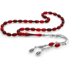 Gümüş Hediye Al Kararmaz Metal Su Damlası Püsküllü Arpa Kesim Bilek Boy Kırmızı-Siyah Ateş Kehribar Tesbih