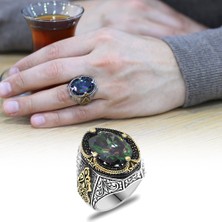 Gümüş Hediye Al Faset Kesim Mistik Topaz Taşlı Yanları Gotik Süslemeli 925 Ayar Gümüş Erkek Yüzük
