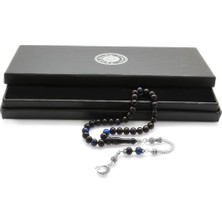 Gümüş Hediye Al Kararmaz Metal Ayyıldız Püsküllü Küre Kesim Mavi-Siyah Sıkma Kehribar Tesbih