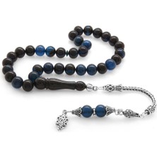 Gümüş Hediye Al 925 Ayar Gümüş Püsküllü Küre Kesim Mavi-Siyah Sıkma Kehribar Tesbih