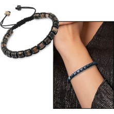 Gül Endam Silindir Kesim Makrome Örgülü Kuvars-Hematit Kombinli Doğal Taş Kadın Bileklik