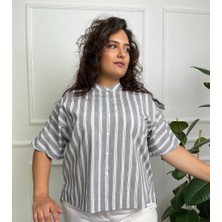 Şimal Gökçe Gri Çizgili Yarasa Kol Keten Gömlek