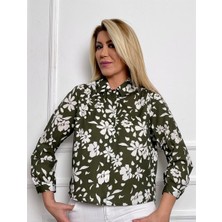 Şimal Gökçe Haki Yeşili Beyaz Çiçek Desenli Gömlek