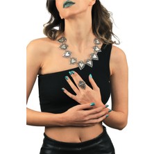 Labalaba Kadın Antik Gümüş Kaplama Kalp Formlu Kolye & Yüzük Set