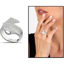 Okyanus Silver Zirkon Taşlı Yaprak Tasarım Cats Eye Detaylı 925 Ayar Gümüş Kadın Yüzük