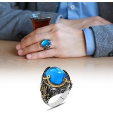 Okyanus Silver Faset Aqua Zirkon Taşlı Kral Tacı Tasarım 925 Ayar Gümüş Erkek Yüzük