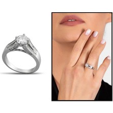 Okyanus Silver Zirkon Taşlı Modern Tasarım 925 Ayar Gümüş Kadın Tektaş Yüzük