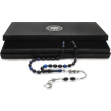 Okyanus Silver Ayyıldız Kararmaz Metal Püsküllü Arpa Kesim Mavi-Siyah Sıkma Kehribar Tesbih